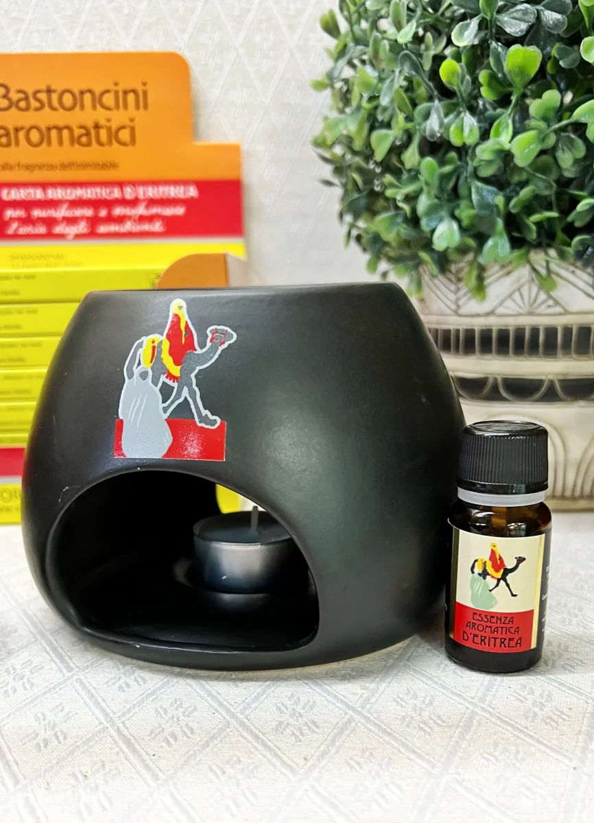 🐫 Bruciatore in ceramica completo di Essenza Aromatica d’Eritrea 10ml + candela